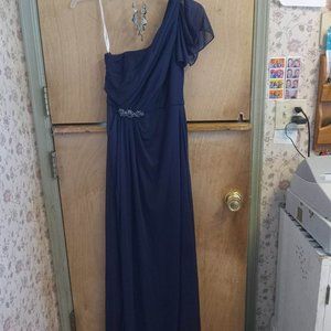 David's Bridal Navy Formal with necklace and earrings